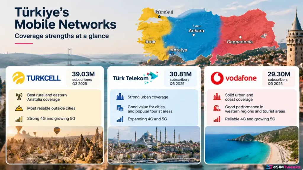 Türkiye eSIM carrier comparison with mobile network coverage