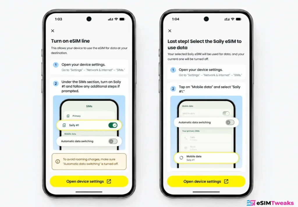 Turn on Saily eSIM line and select it for mobile data
