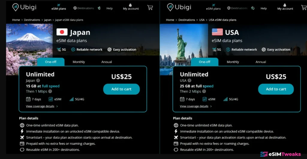 Ubigi Japan vs USA unlimited plan comparison