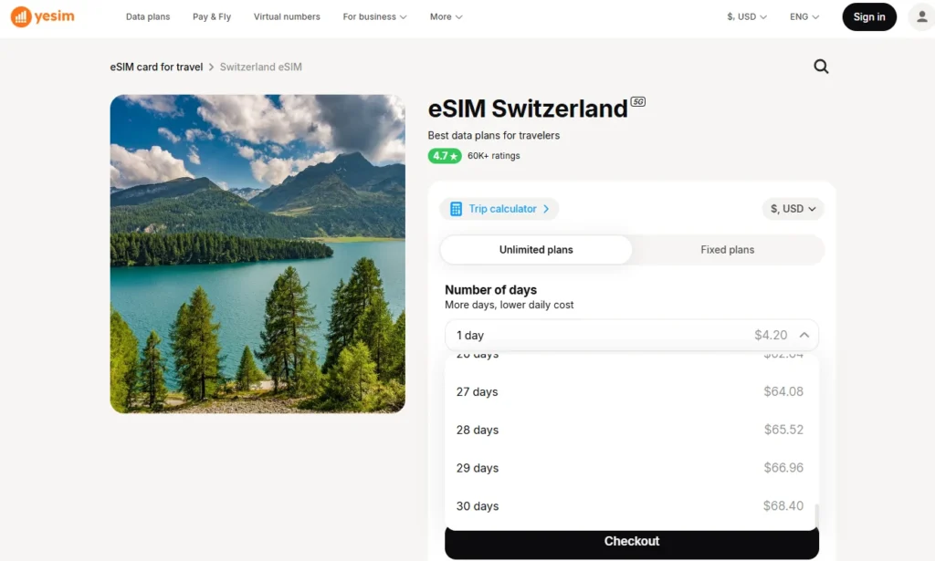 Yesim Switzerland unlimited eSIM plan slider