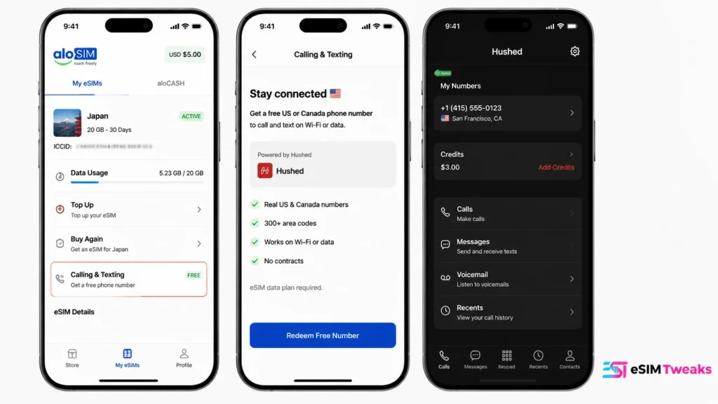 aloSIM Calling and Texting feature with Hushed phone number setup