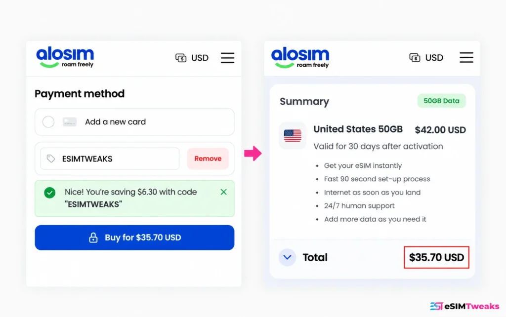 aloSIM Promo Code 2026: 15% Off Every Plan, No Limits 13 aloSIM ESIMTWEAKS 15% discount checkout