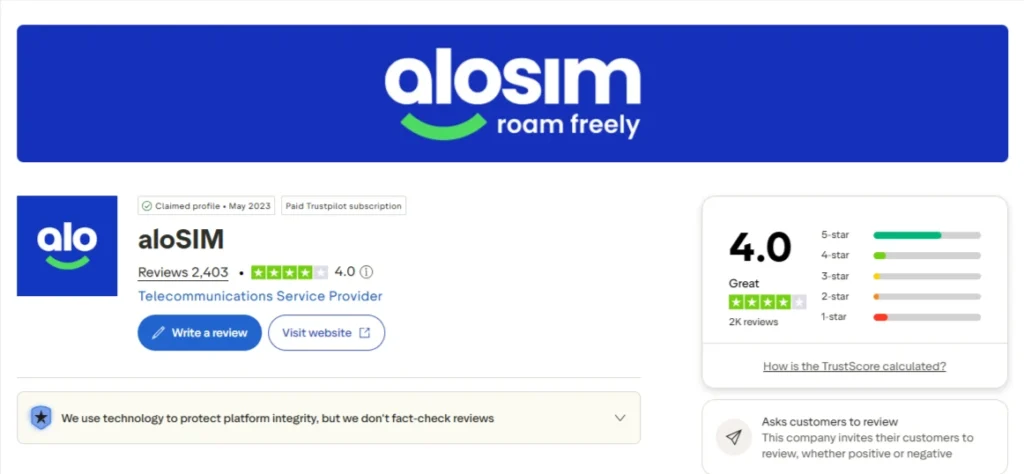aloSIM Promo Code 2026: 15% Off Every Plan, No Limits 23 aloSIM Trustpilot rating
