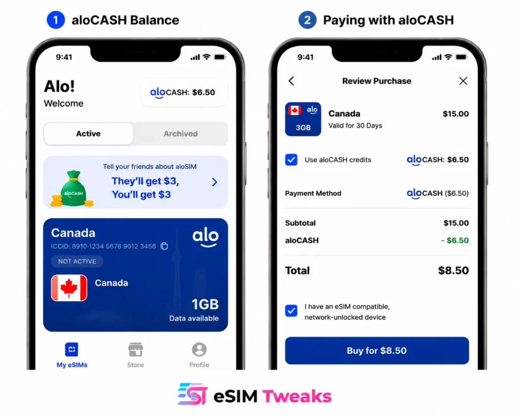 aloSIM app showing aloCASH balance and checkout payment steps