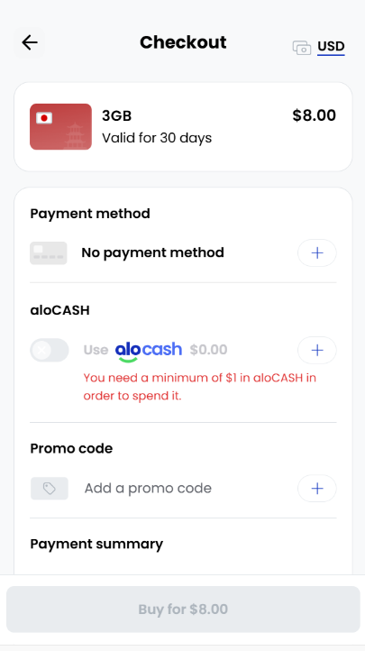 aloSIM Promo Code 2026: 15% Off Every Plan, No Limits 18 aloSIM checkout payment method selection screen