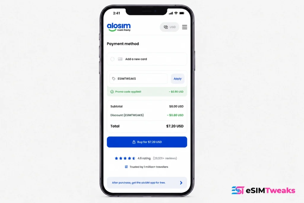 aloSIM checkout process with discount code applied