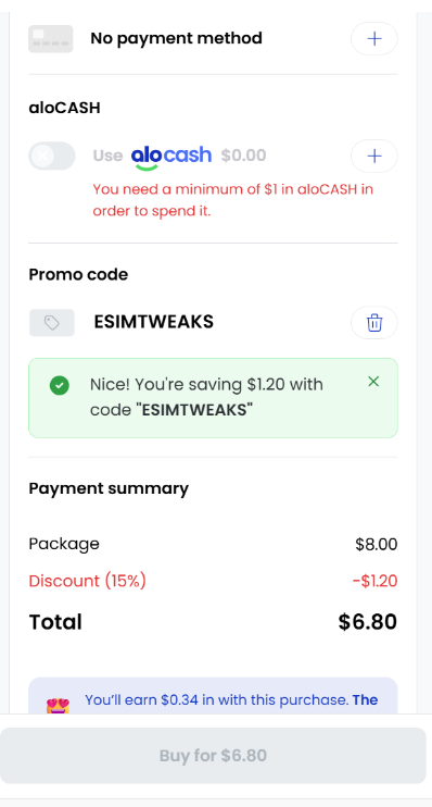 aloSIM Promo Code 2026: 15% Off Every Plan, No Limits 19 aloSIM checkout with ESIMTWEAKS promo code applied
