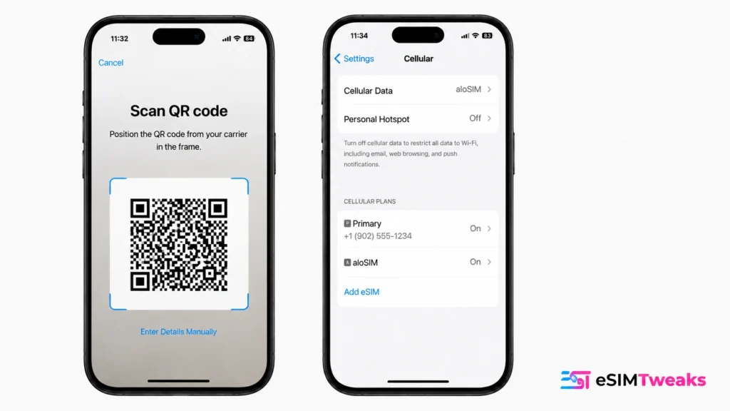 aloSIM eSIM installation process showing QR code scan and iPhone cellular setup