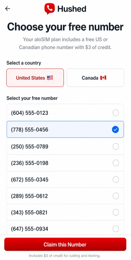 aloSIM Promo Code 2026: 15% Off Every Plan, No Limits 21 aloSIM free Hushed phone number activation screen