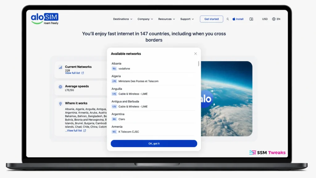 aloSIM global eSIM available networks by country