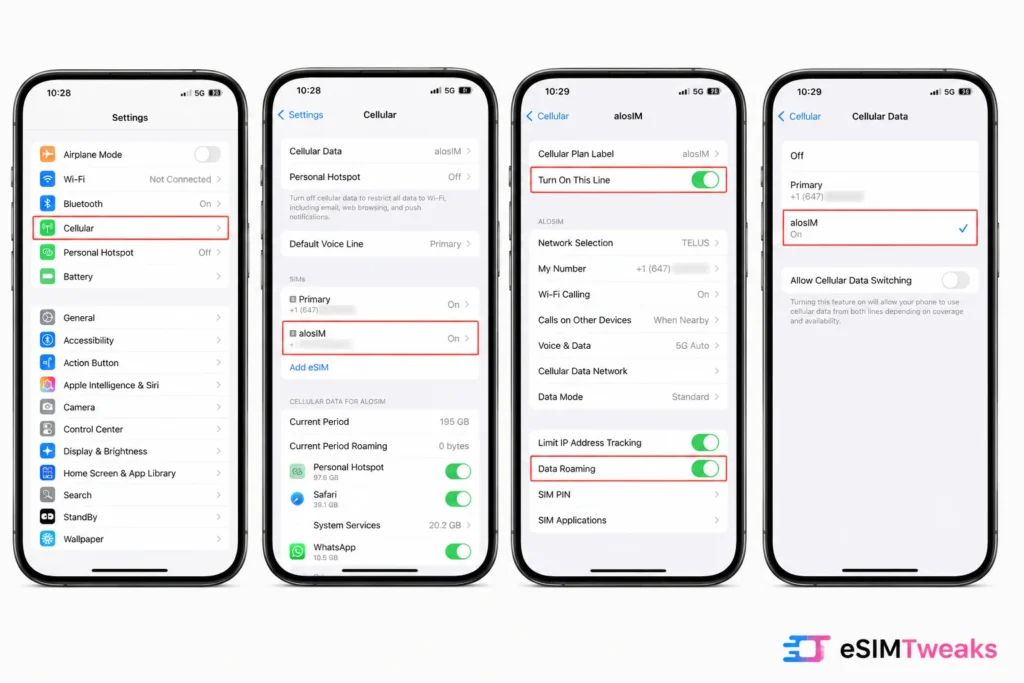 aloSIM iPhone cellular settings showing eSIM line and data roaming activation