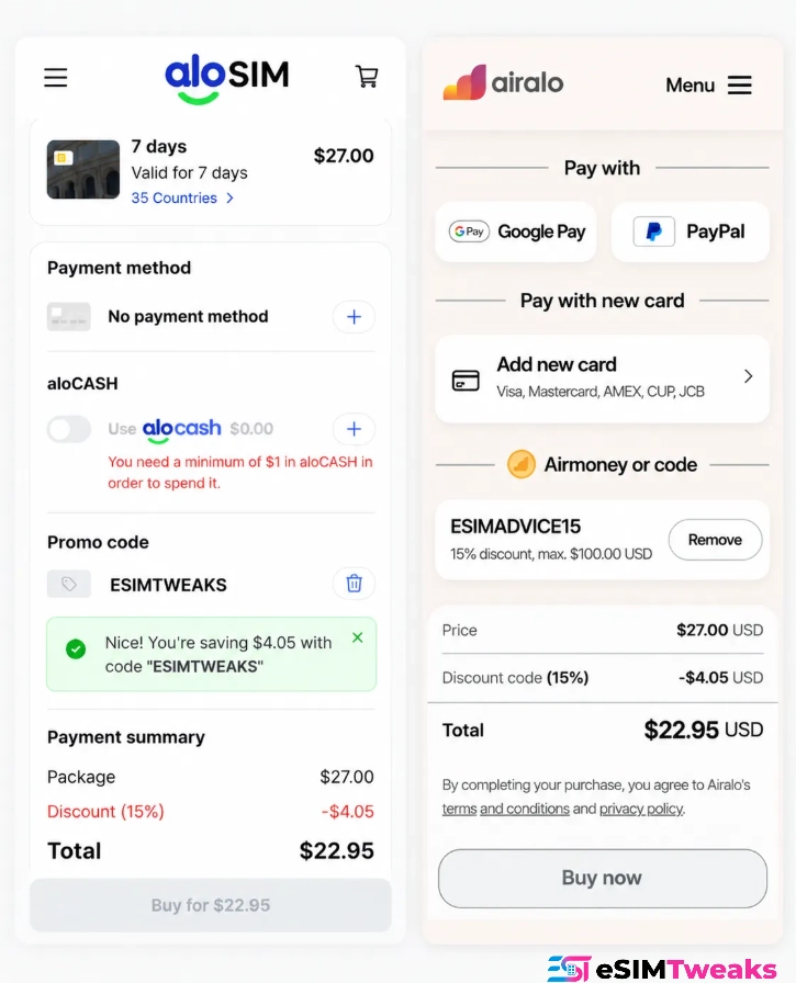 aloSIM Promo Code 2026: 15% Off Every Plan, No Limits 15 aloSIM vs Airalo Europe eSIM discount comparison