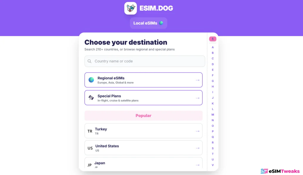 eSIM.dog country search and destination selection screen