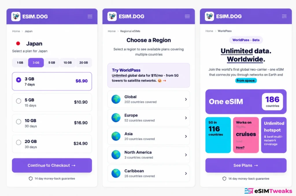 eSIM.dog local regional and WorldPass plan comparison interface