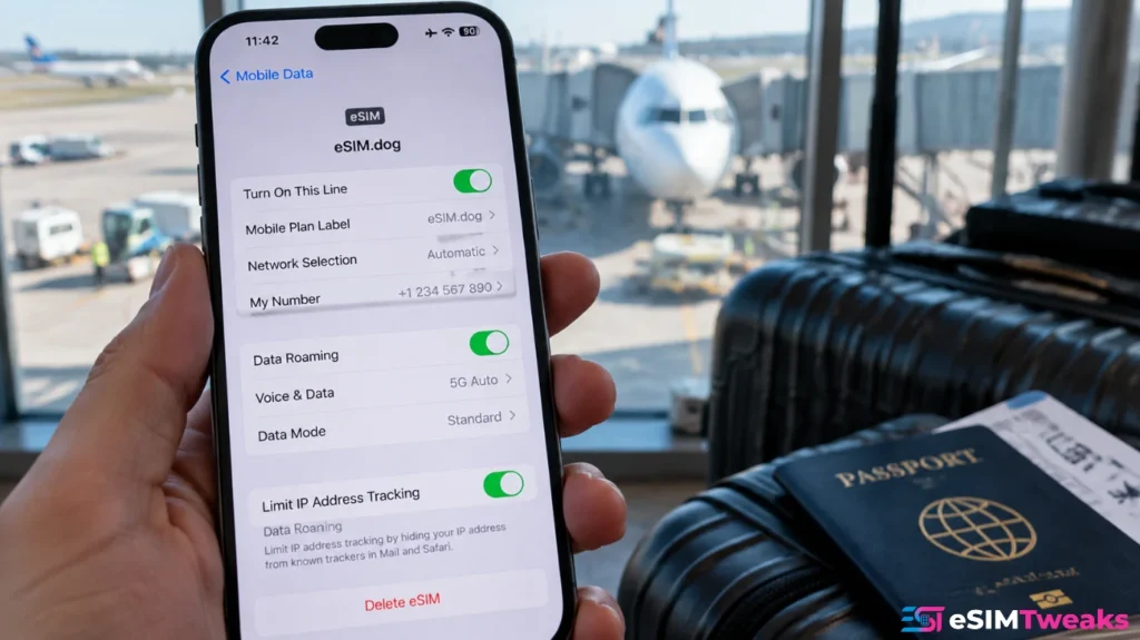 eSIM.dog mobile data and roaming settings enabled on iPhone