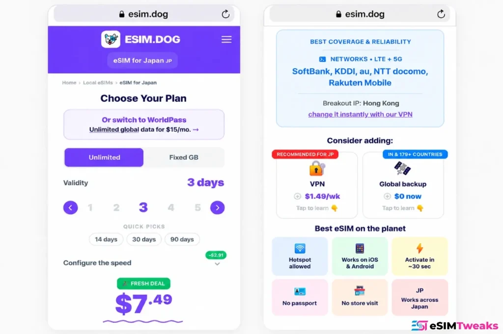 eSIM.dog Review - plan selection with speed configurator and pricing