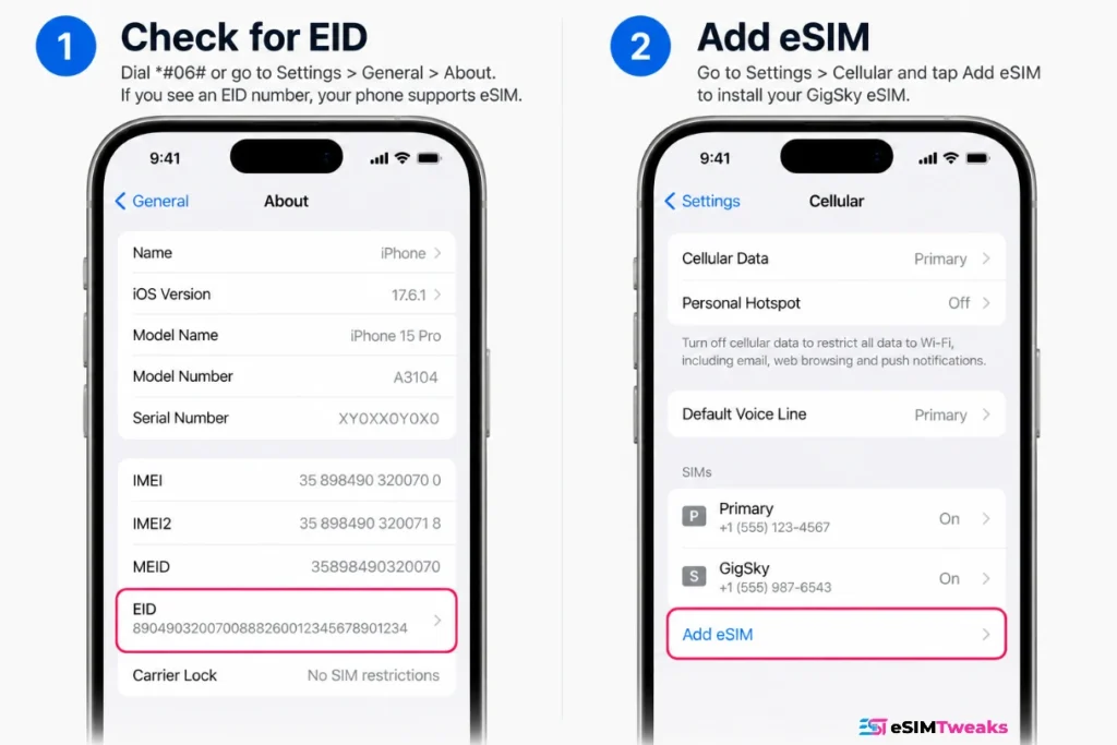 iPhone eSIM setup and EID check steps
