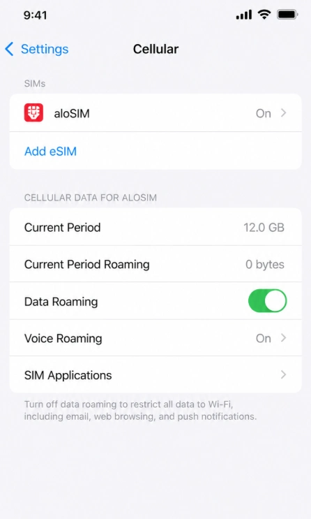 aloSIM Promo Code 2026: 15% Off Every Plan, No Limits 22 iPhone settings showing aloSIM data roaming enabled