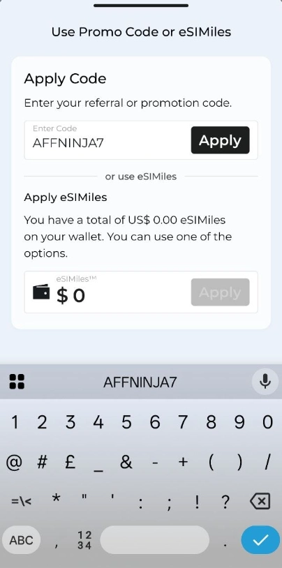 Enter Esimatic AFFNINJA7 Promo Code in Field