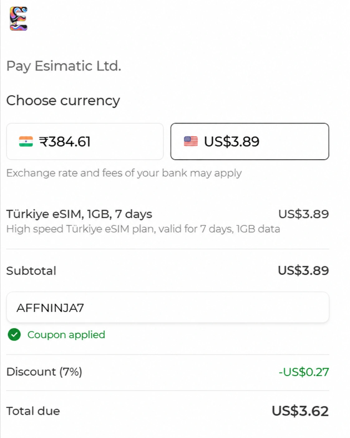 Esimatic AFFNINJA7 coupon showing a 7% checkout discount.