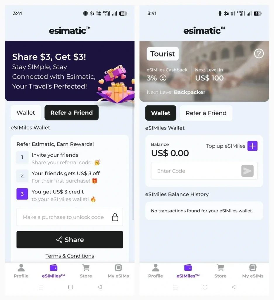 Esimatic Esimiles Cashback and Referral Rewards