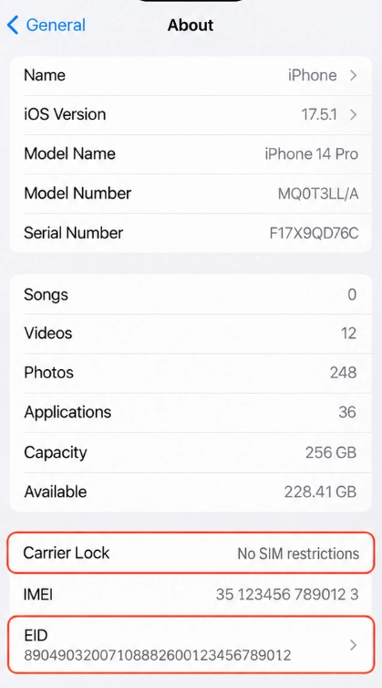 IPhone settings showing EID for eSIM compatibility