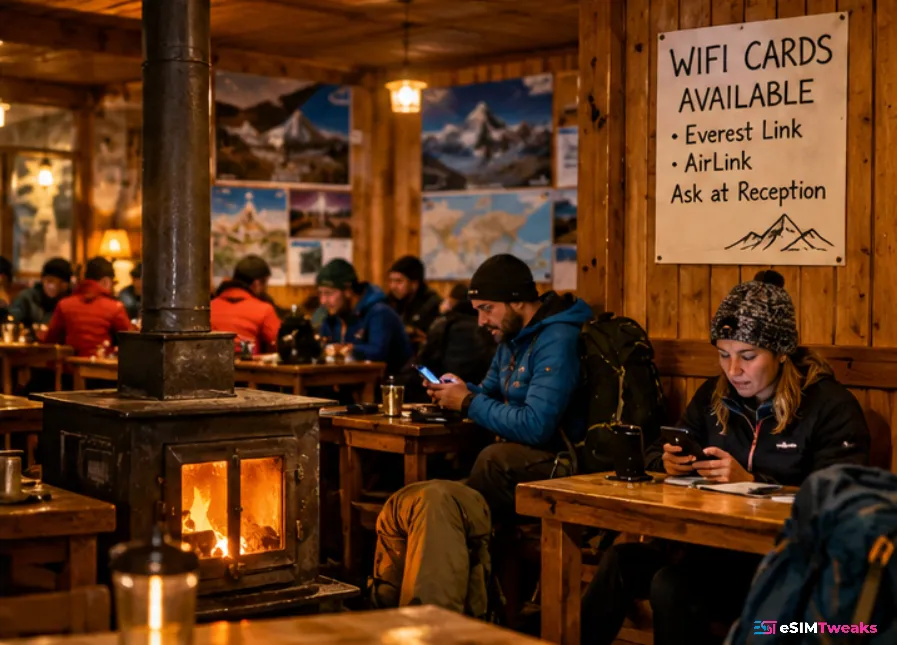 Best eSIM for Nepal 2026: 9 Plans Ranked by Price & Coverage 7 Khumbu teahouse Wi-Fi illustration