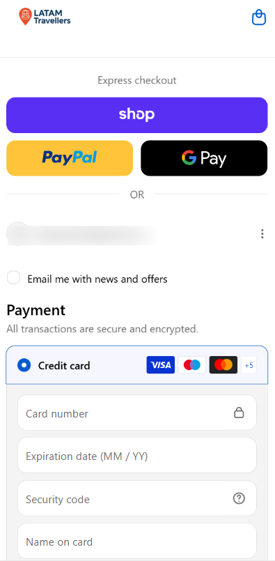 Latam Travellers payment checkout page