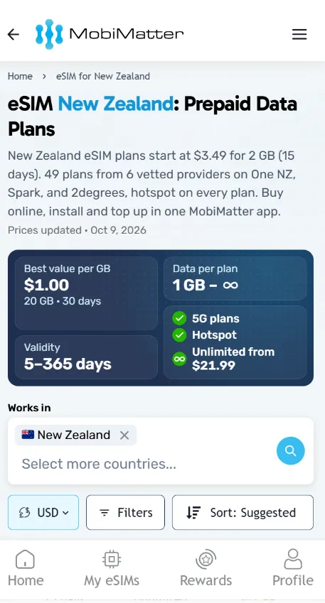 eSIM for New Zealand: 9 Best & Cheapest Plans (2026) 15 Mobimatter eSIM for New Zealand