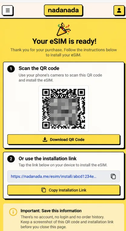 nadanada Coupon Code: 10% Off + a Hidden Catch 21 Nadanada eSIM QR code installation