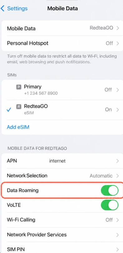 RedteaGO Promo Code 2026: 5% Off, Plans Under $10 24 RedteaGO eSIM data roaming enabled