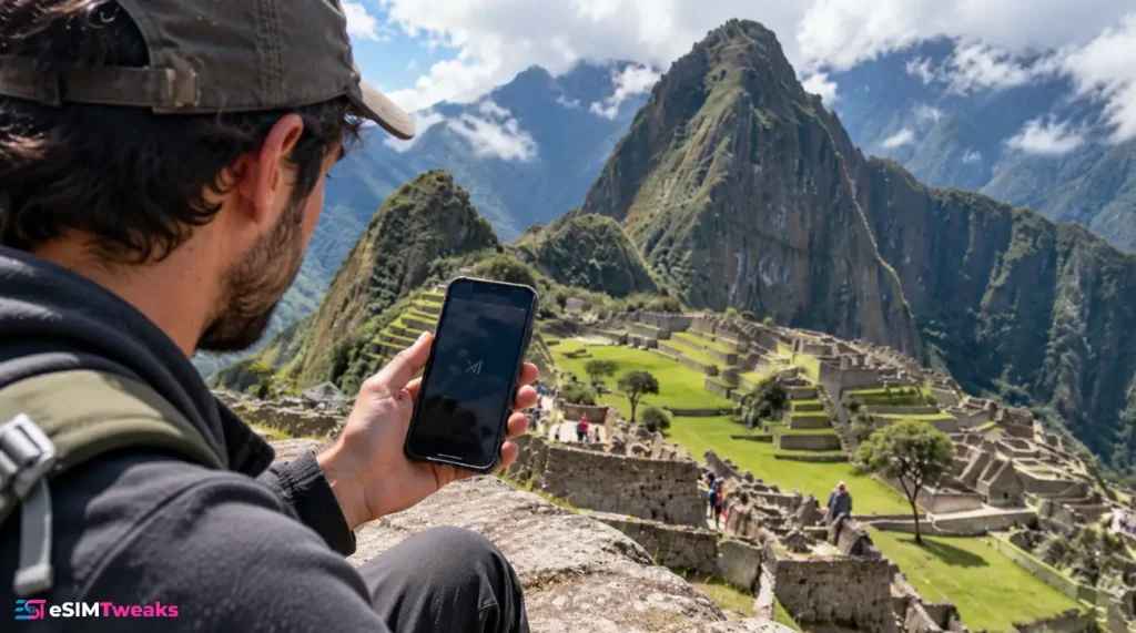 Best eSIM for Peru 2026: 10 Ranked, Priced and Pressure Tested 16 Traveler checking mobile signal at Machu Picchu