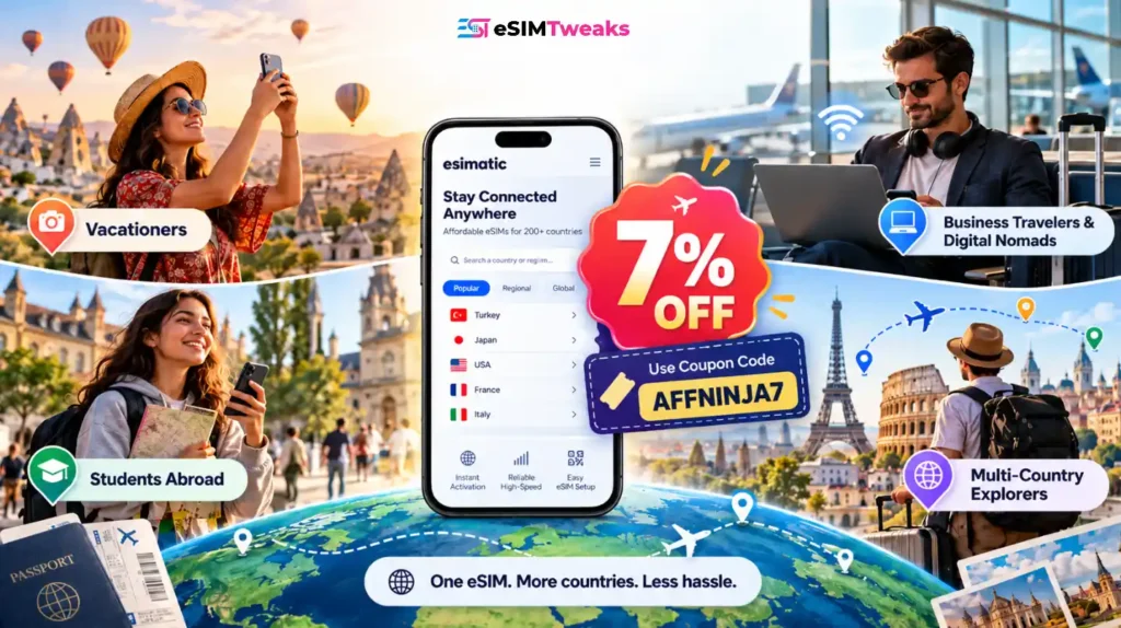 simatic eSIM deal for travelers with 7% off.