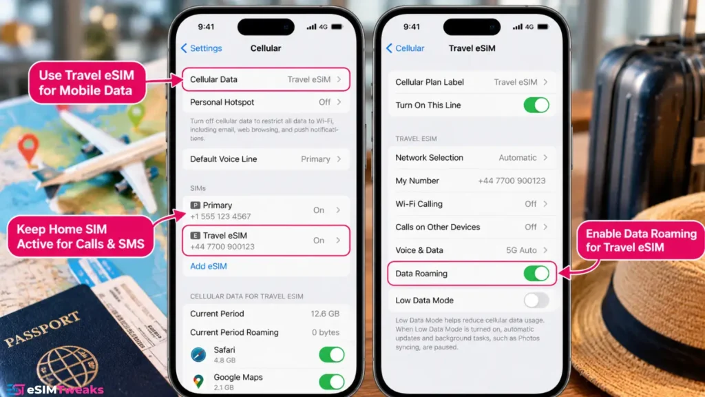 travel eSIM data roaming and dual SIM setup